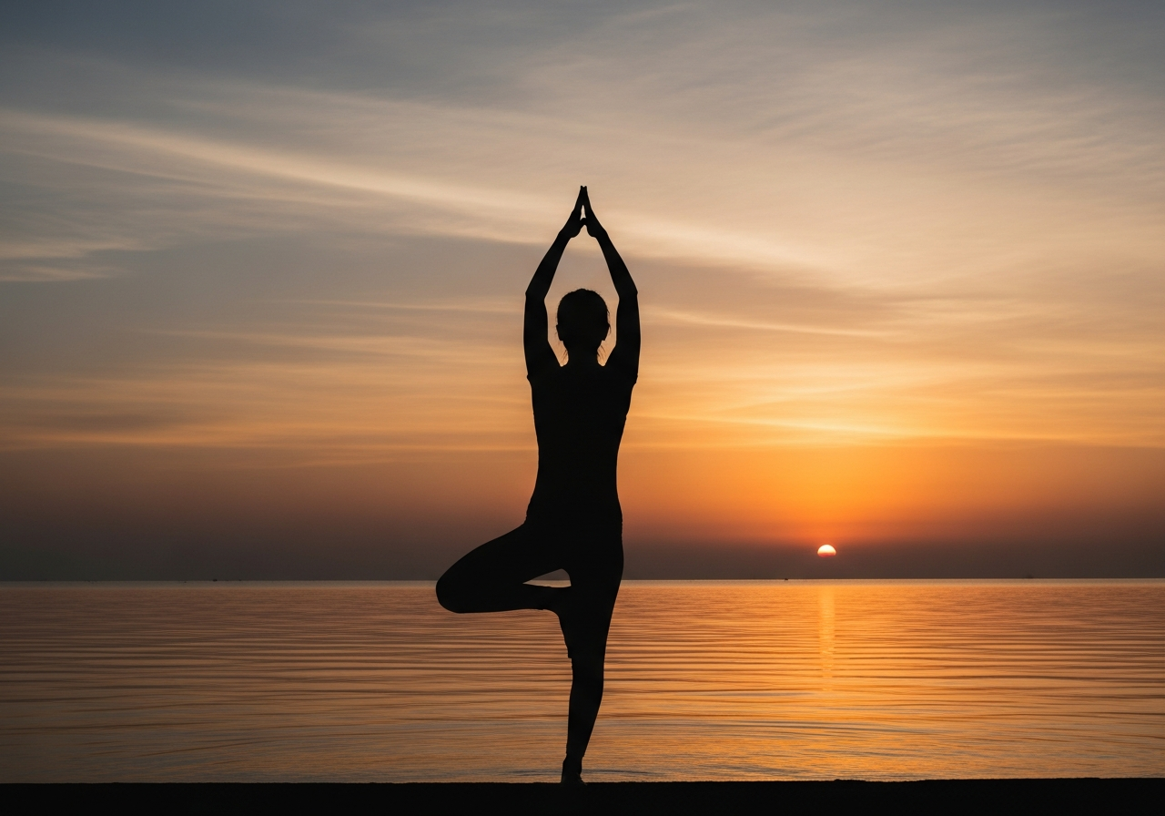 Peaceful meditation silhouette at sunset